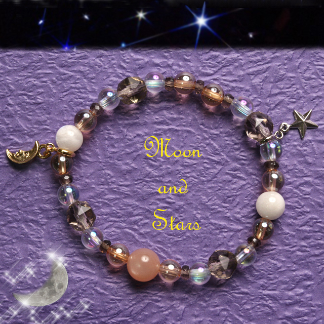 【パワーストーン　天然石　アクセサリー　デザイン　ジュエリー】星と月チャーム＆ムーンストーンブレスレット