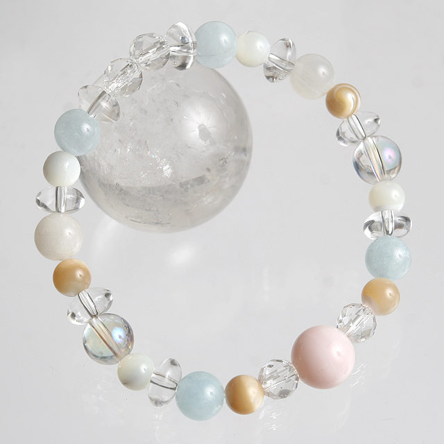 【パワーストーン　天然石　アクセサリー　デザイン　ジュエリー】恋愛運と癒し-アクアマリンｘベイビーピンクオパールｘブルームーンストーンデザインブレスレット
