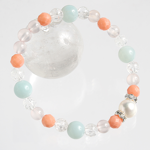 【パワーストーン　天然石　アクセサリー　デザイン　ジュエリー】癒し-真珠ｘ珊瑚（サンゴ）ｘアマゾナイトのデザインブレスレット