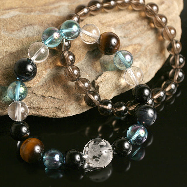 【パワーストーン　天然石　アクセサリー　デザイン　ジュエリー】【金運＆仕事運】四神一珠水晶ｘ大粒タイガーアイ天然石ブレスレット【煙水晶ブレス付き】パワーストーン