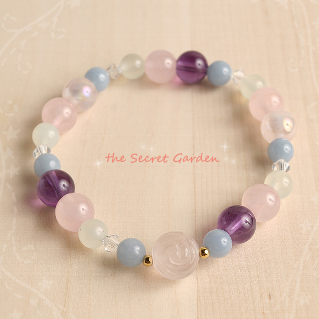 【パワーストーン　天然石　アクセサリー　デザイン　ジュエリー】恋愛運-バラカットローズクォーツxエンジェライトxアメジストブレスレット