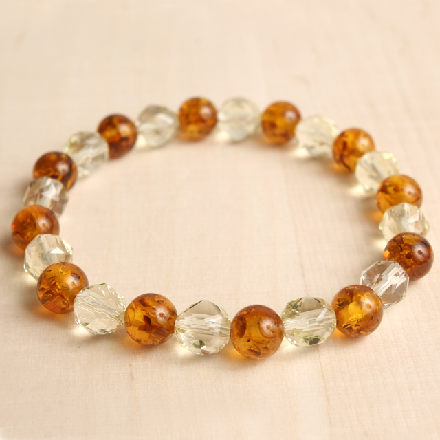 【パワーストーン　天然石　アクセサリー　デザイン　ジュエリー】琥珀とレモン水晶スターカットのデザインブレスレット