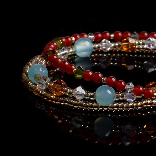 【パワーストーン　天然石　アクセサリー　デザイン　ジュエリー】7days 赤メノウｘシーブルーカルセドニー３連Mixブレスレット