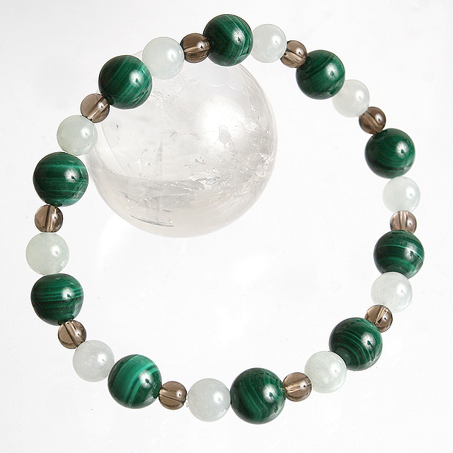 【パワーストーン　天然石　アクセサリー　デザイン　ジュエリー】厄除けと癒し-マラカイトｘ翡翠（ひすい）ｘスモーキークォーツデザインブレスレット