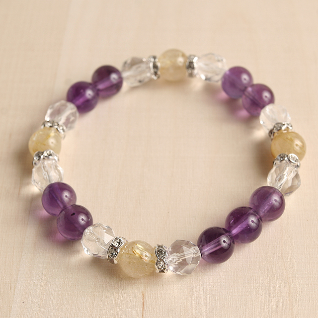 【パワーストーン　天然石　アクセサリー　デザイン　ジュエリー】金運-アメジストｘルチルクォーツコンビブレスレット