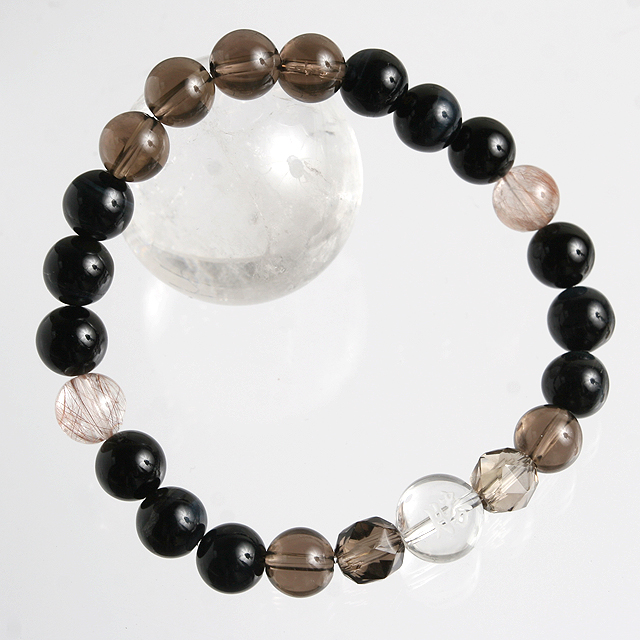 【パワーストーン　天然石　アクセサリー　デザイン　ジュエリー】「勝」彫刻入り水晶ｘレッドルチルクォーツｘブルータイガーアイのデザインブレスレット