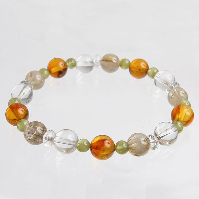 【パワーストーン　天然石　アクセサリー　デザイン　ジュエリー】琥珀ｘペリドットｘルチルクォーツデザインブレスレット