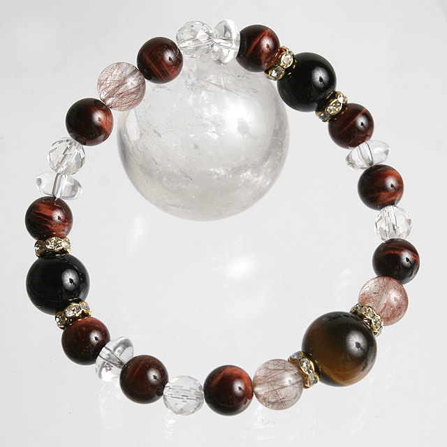 【パワーストーン　天然石　アクセサリー　デザイン　ジュエリー】金運-レッドルチルクォーツｘタイガーアイｘオニキスのデザインブレスレット