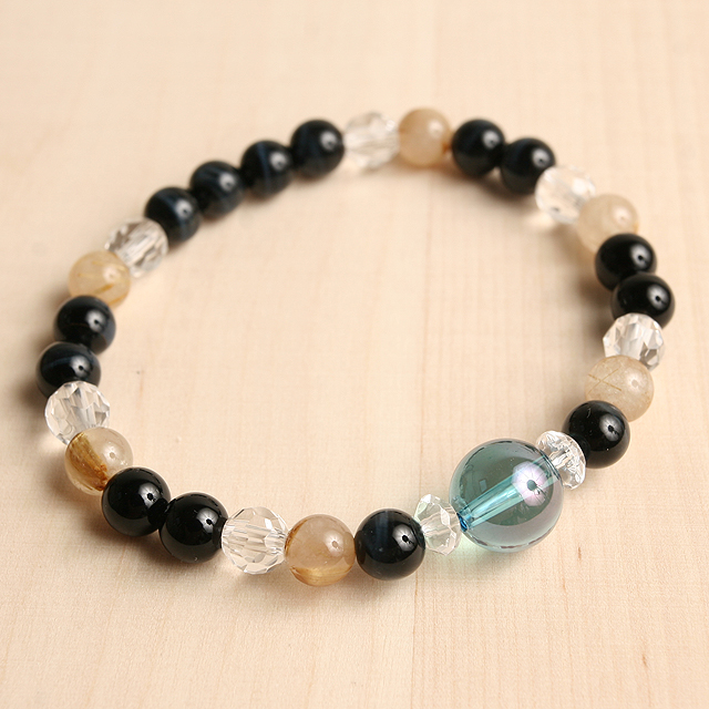 【パワーストーン　天然石　アクセサリー　デザイン　ジュエリー】金運&仕事運-アクアオーラｘルチルクォーツｘブルータイガーアイのブレスレット