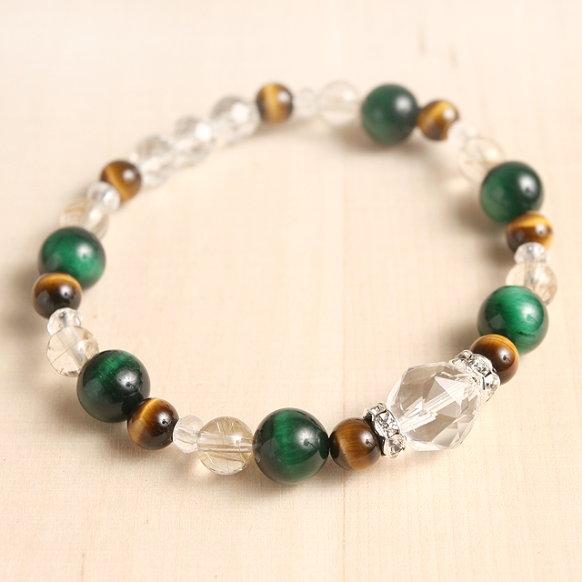 【パワーストーン　天然石　アクセサリー　デザイン　ジュエリー】【金運＆仕事運】グリーンタイガーアイとスターカット水晶の天然石コンビブレスレット/パワーストーン
