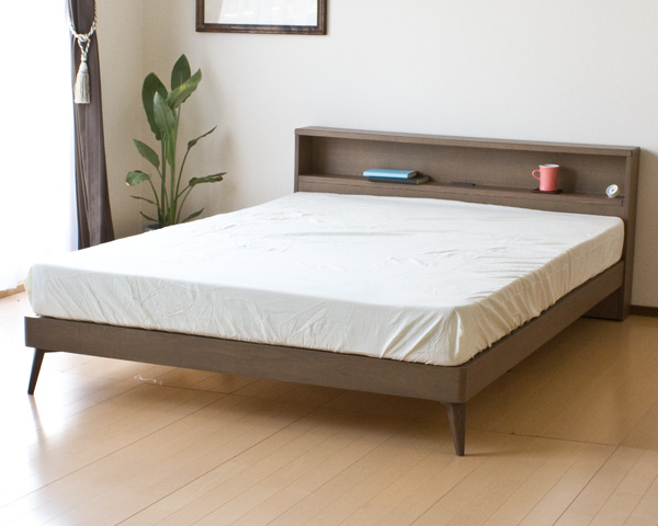 【送料無料】（インテリア　家具　デザイナーズ）　北欧テイスト棚・コンセント付きダブルベッド/Mob ポケットコイルマットレス付き＜代引きご利用不可＞＜配送時間帯は午前・午後（１７時まで）のみ＞