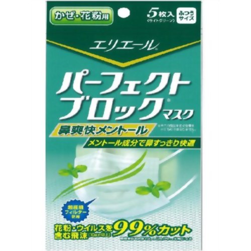 【花粉対策マスク】エリエール パーフェクトブロックマスク 鼻爽快メントール 5枚入り　【大王製紙】