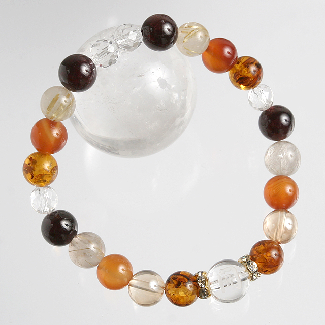 【パワーストーン　天然石　アクセサリー　デザイン　ジュエリー】「開」彫刻入り水晶ｘ琥珀ｘゴールデンオーラのデザインブレスレット