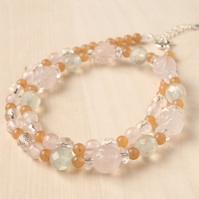 【パワーストーン　天然石　アクセサリー　デザイン　ジュエリー】薔薇カットローズクォーツ&64面カットプレナイト ネックレス