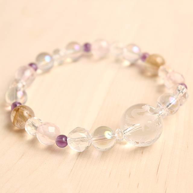 【パワーストーン　天然石　アクセサリー　デザイン　ジュエリー】【金運＆恋愛運】四神一珠水晶ｘルチルｘカットローズクォーツ天然石コンビブレスレット/パワーストーン