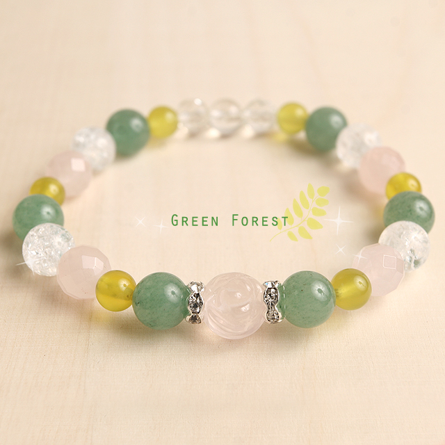 【パワーストーン　天然石　アクセサリー　デザイン　ジュエリー】ナチュラルグリーンの天然石ブレスレット （ローズクォーツxグリーンアベンチュリン）