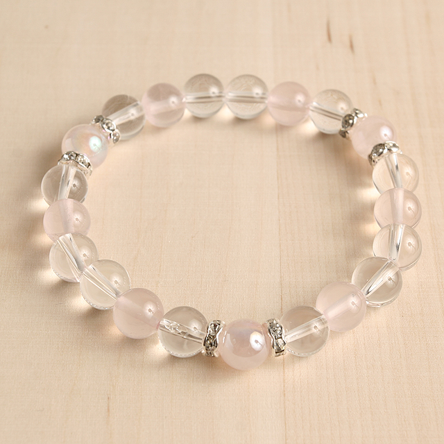 【パワーストーン　天然石　アクセサリー　デザイン　ジュエリー】七色ローズオーラｘローズクォーツｘ水晶ブレスレット